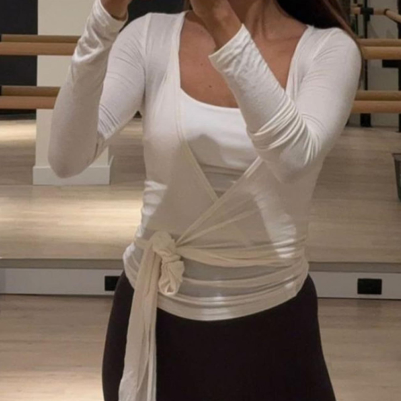 Pilates Yoga Wrap Top - قمصان نسائية مثيرة قصيرة بأكمام طويلة