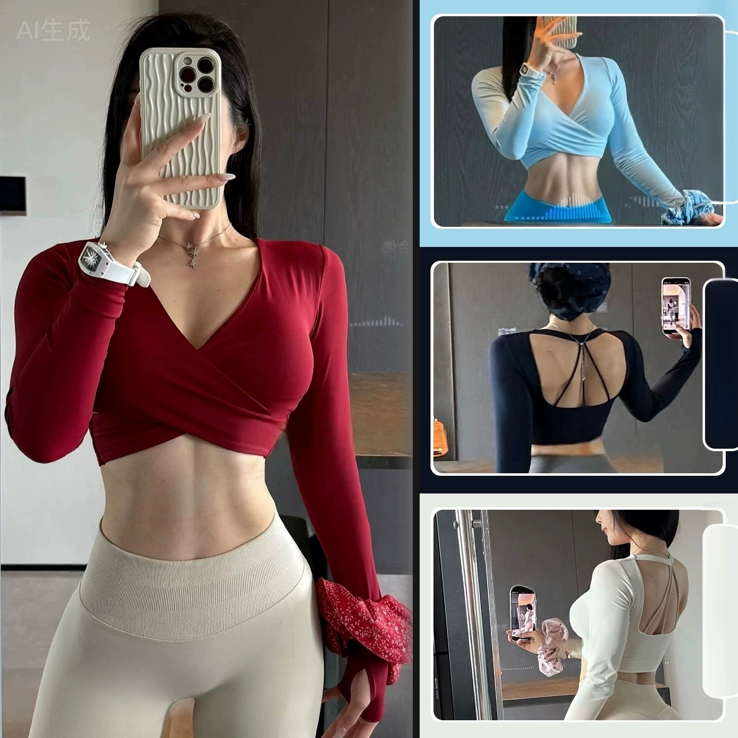 Pilates Yoga Wrap Top - ملابس يوغا رياضية بأكمام طويلة، قميص